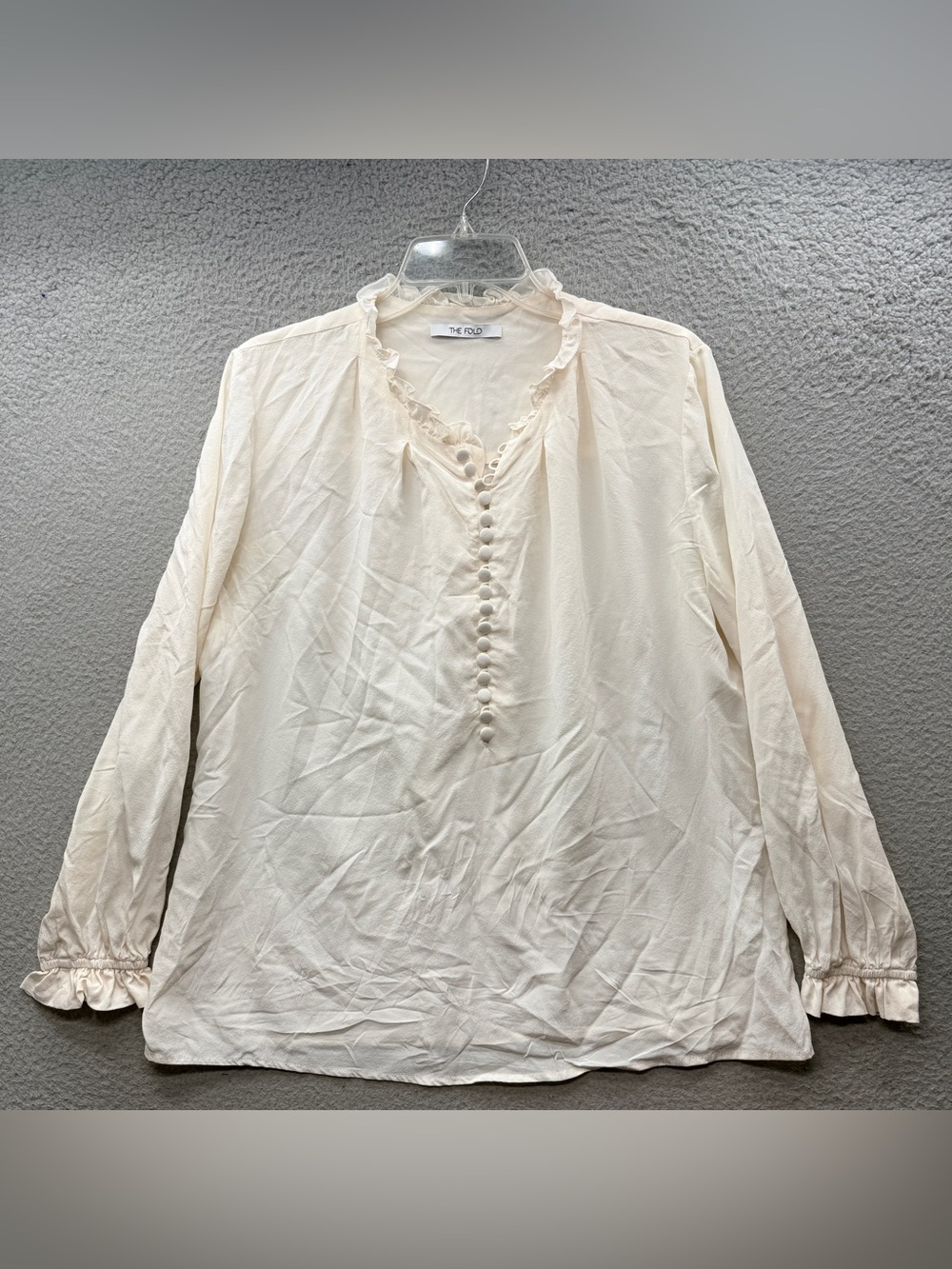 The Fold Basic 100% Silk High Neck Long Sleeve Top Blouse Cream Women’s Size 14